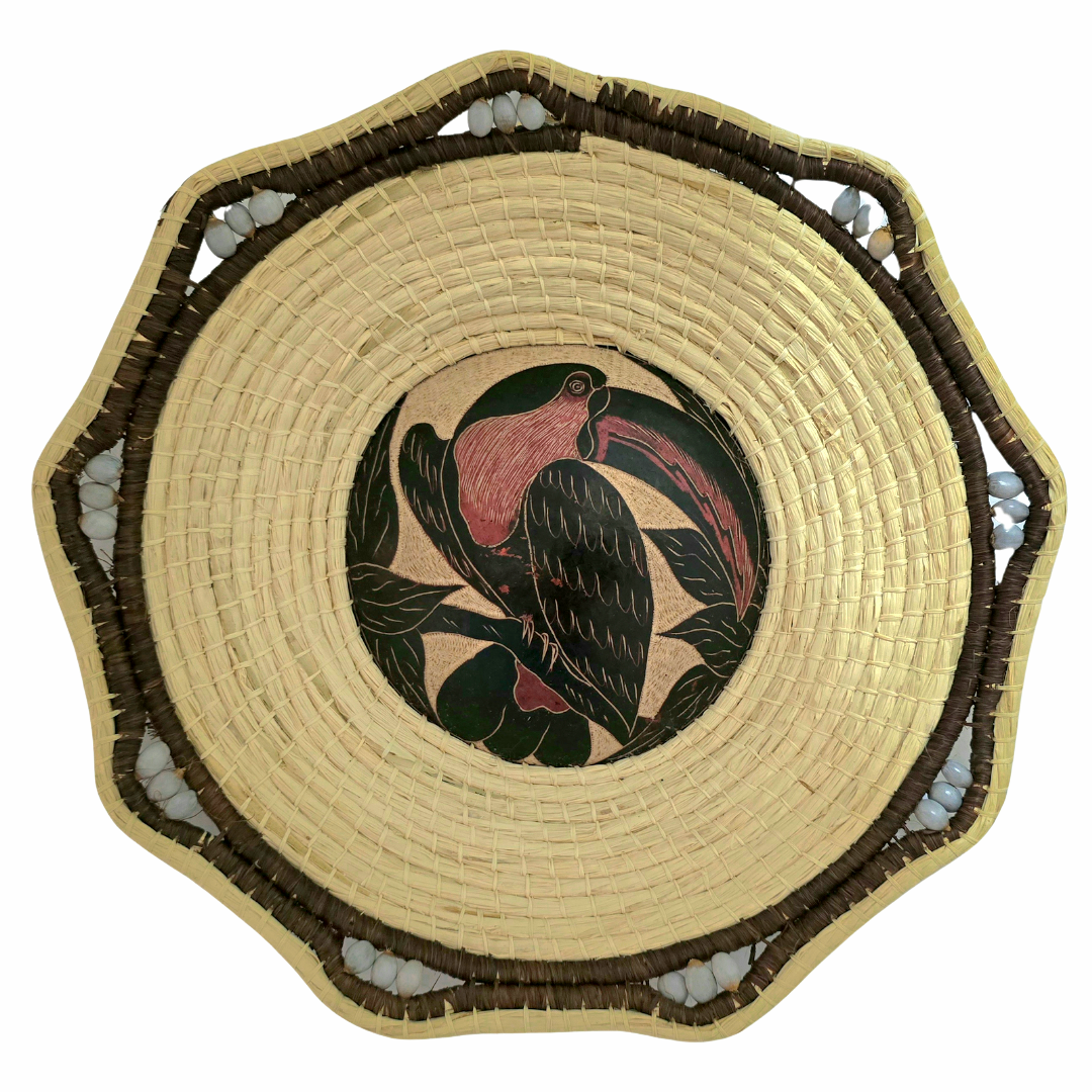 CHAMBIRA BASKET WITH WILDLIIFE CARVING ON CALABASH CENTER - MADE BY PERUVIAN AMAZON ARTISAN
