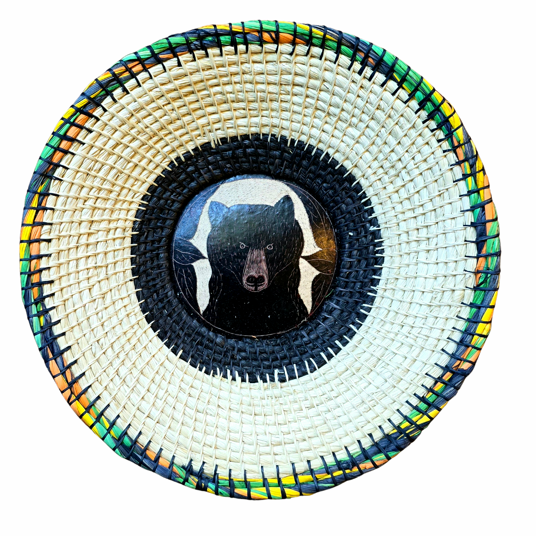 CHAMBIRA BASKET WITH WILDLIIFE CARVING ON CALABASH CENTER - MADE BY PERUVIAN AMAZON ARTISAN