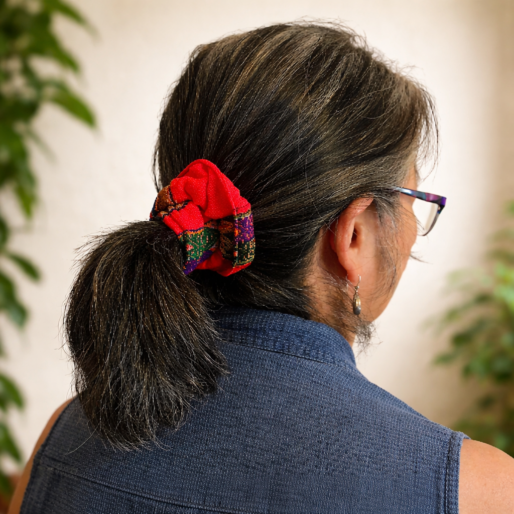 Colorful mantel pattern cotton scrunchies - made by artisan from Peruvian Amazon - Amazon Ecology