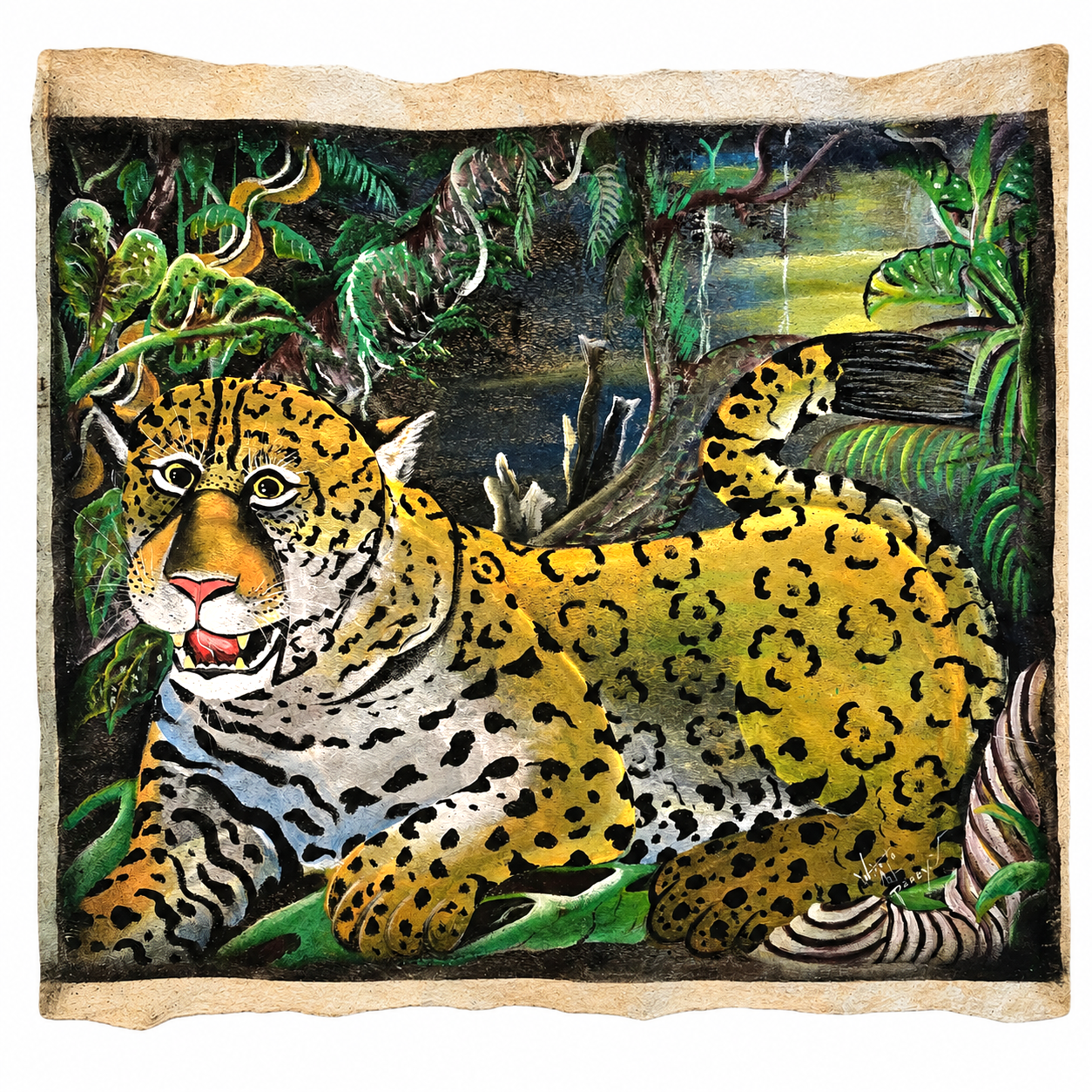 Jaguar paintings on llanchama tree bark canvas by indigenous Huitoto artisans from the Peruvian Amazon