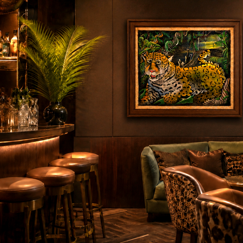 Jaguar paintings on llanchama tree bark canvas by indigenous Huitoto artisans from the Peruvian Amazon