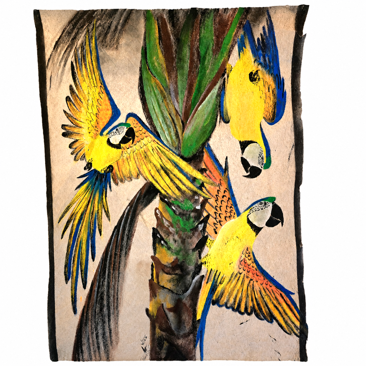Blue and gold macaw painting on llanchama tree bark canvas by indigenous Huitoto artisans from the Peruvian Amazon (Copy) (Copy) (Copy)