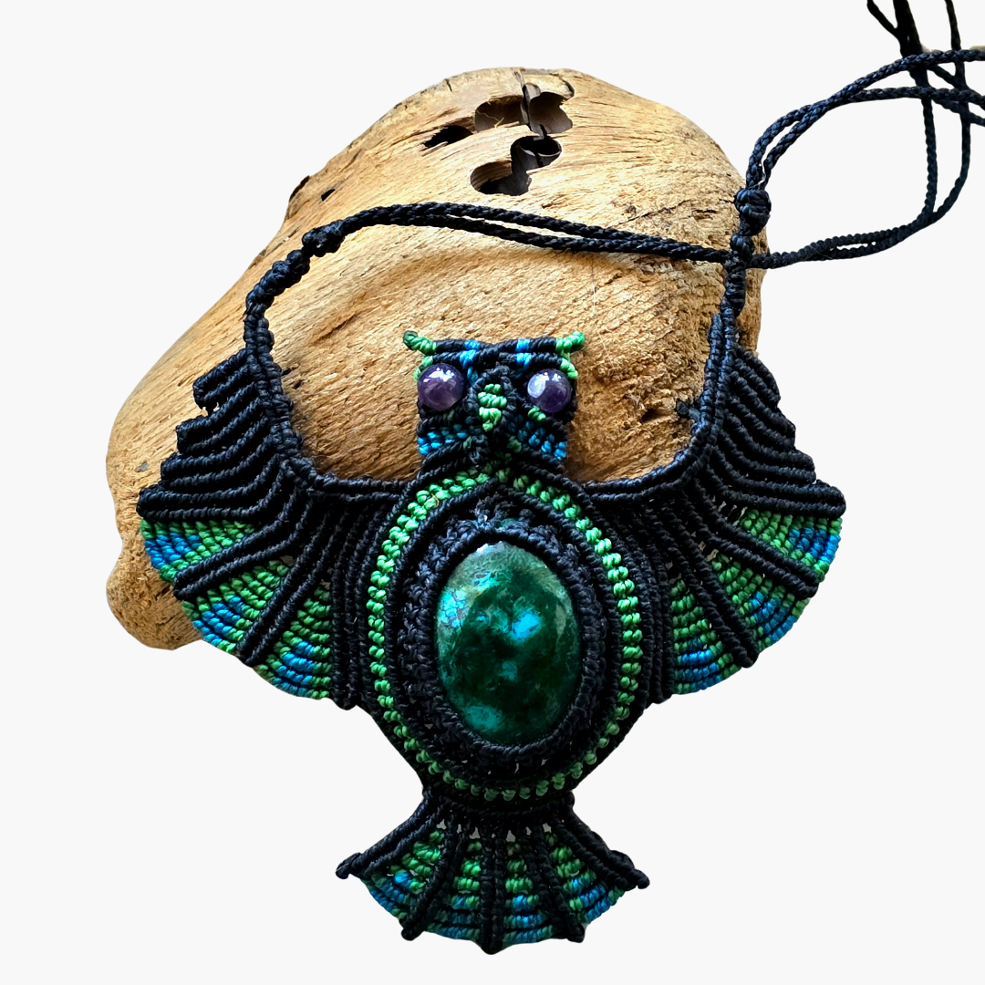 Chrysocolla stone macrame owl necklace from the Peruvian Amazon - Amazon Ecology