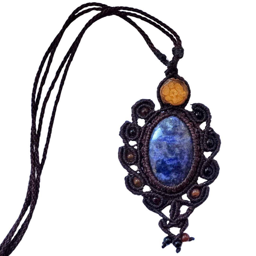 Fancy sodalite and ayahuasca vine macrame necklace from the Peruvian Amazon - Amazon Ecology