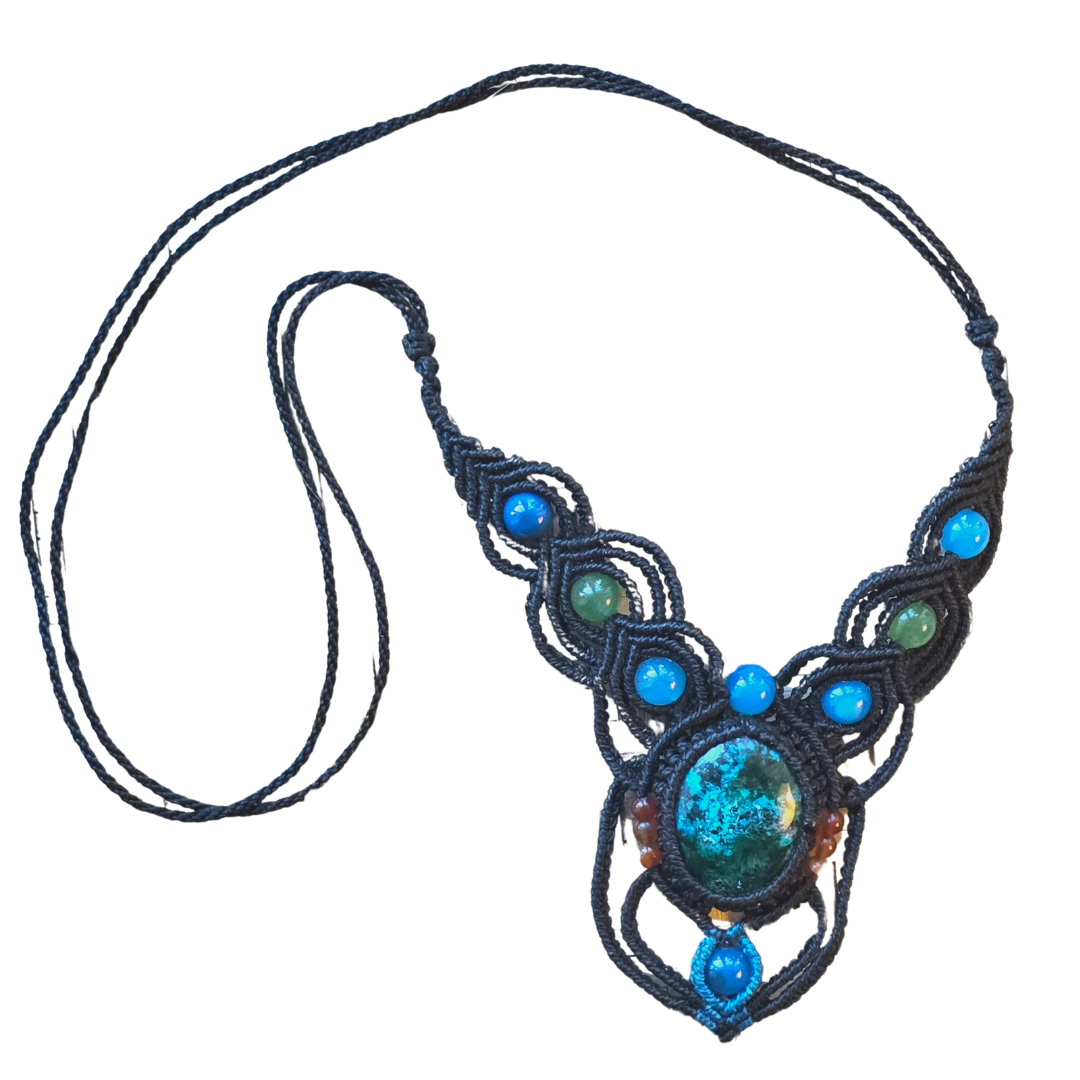 Chrysocolla turquoise stone macrame necklace from the Peruvian Amazon - Amazon Ecology