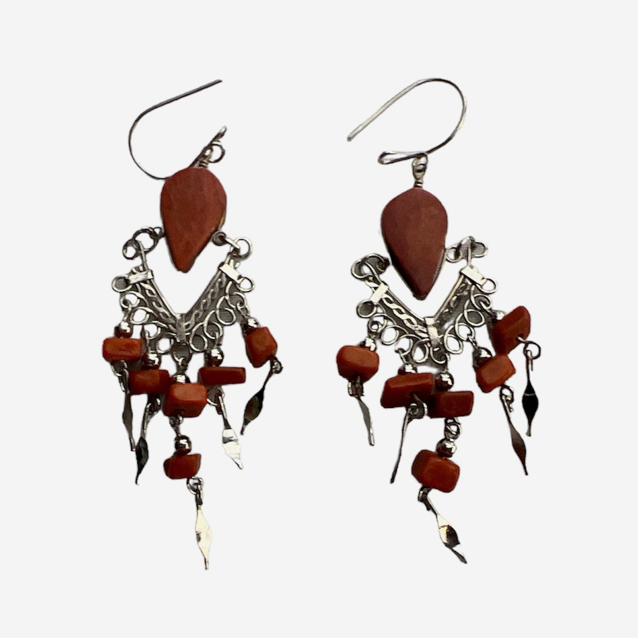 Dangly Silver Wire and Red Jasper Earrings - Made by Peruvian Amazon Artisan - Amazon Ecology