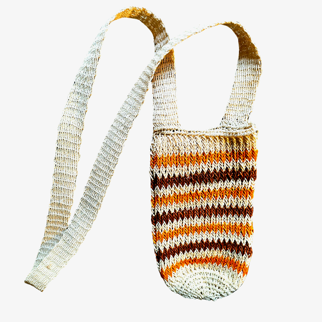 Fair-Trade Bottle Carrier/Wine Tote with double maroon and orange zig-zag bands - Amazon Ecology