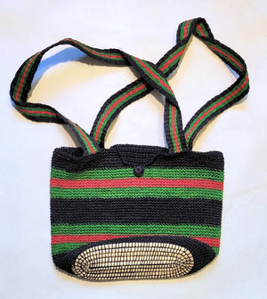 Crocheted Black, Green & Red Purse. Clasp & Double Strap, bag made in Peruvian Amazon