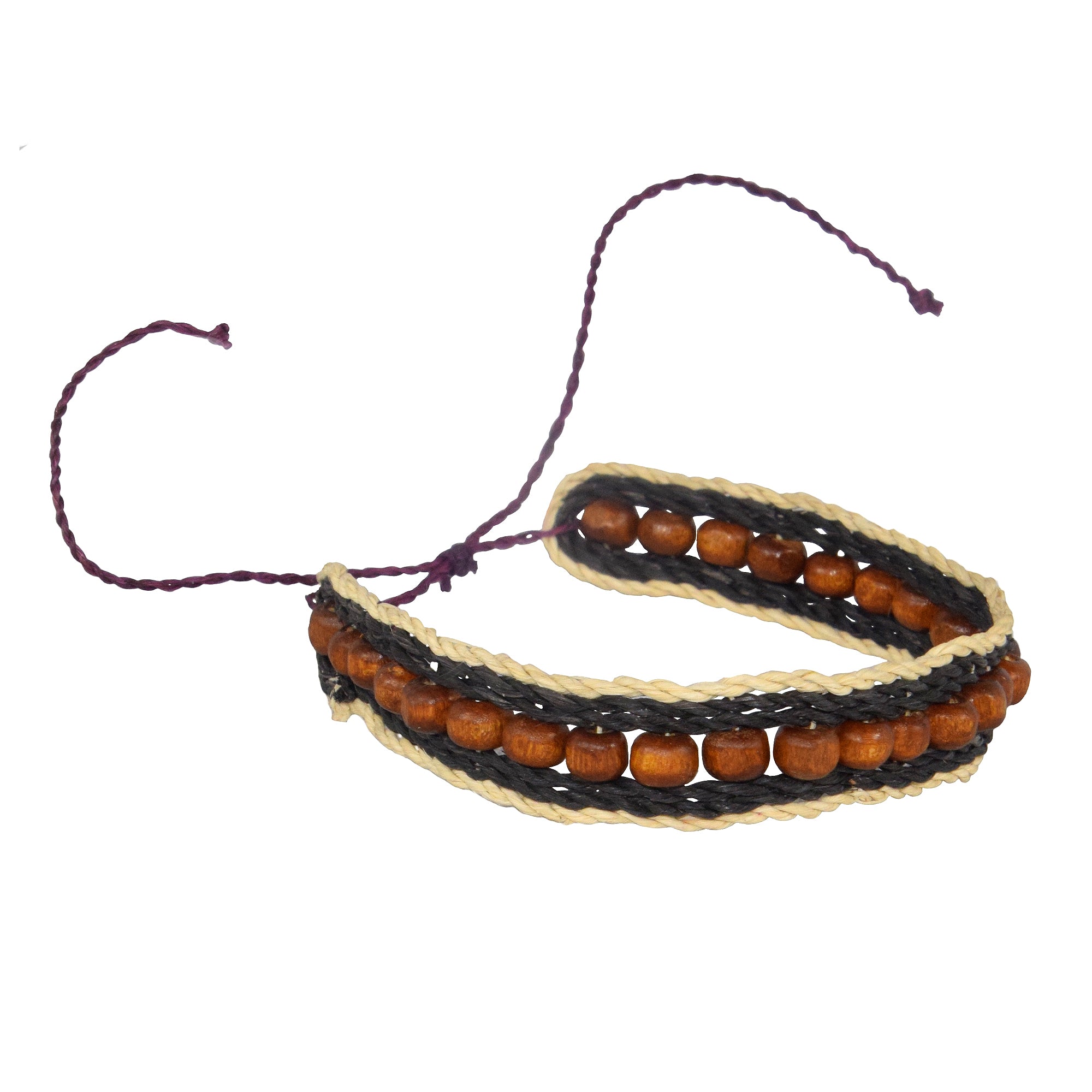 Two-tone chambira palm fiber and wooden bead bracelet