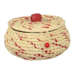 Chambira woven pot with top - white with color swirls- handmade by Peruvian artisan