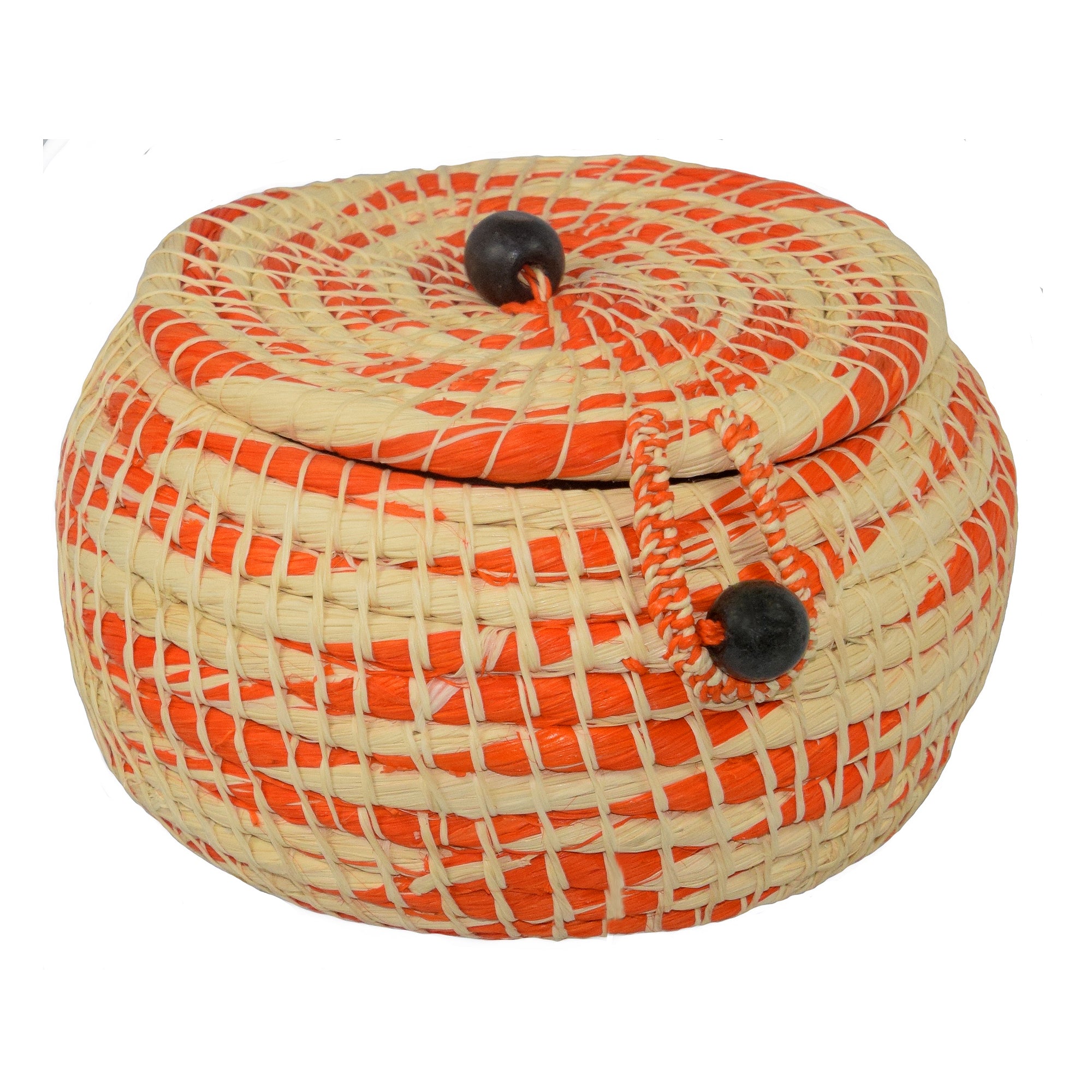 Chambira woven pot with top - white with color swirls- handmade by Peruvian artisan