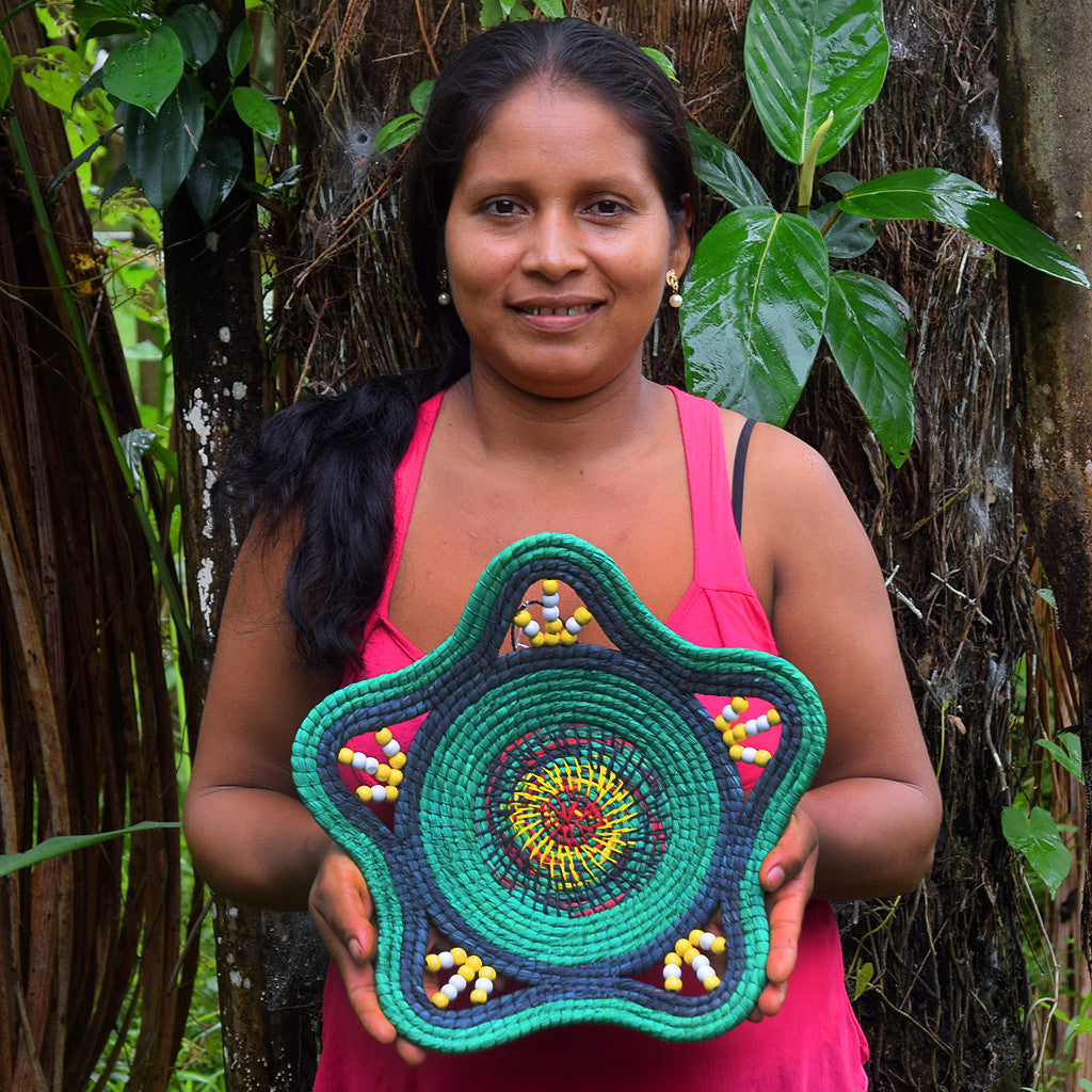 Beautiful Blue and Emerald Handwoven Decorative Basket - Fair Trade - Amazon Ecology