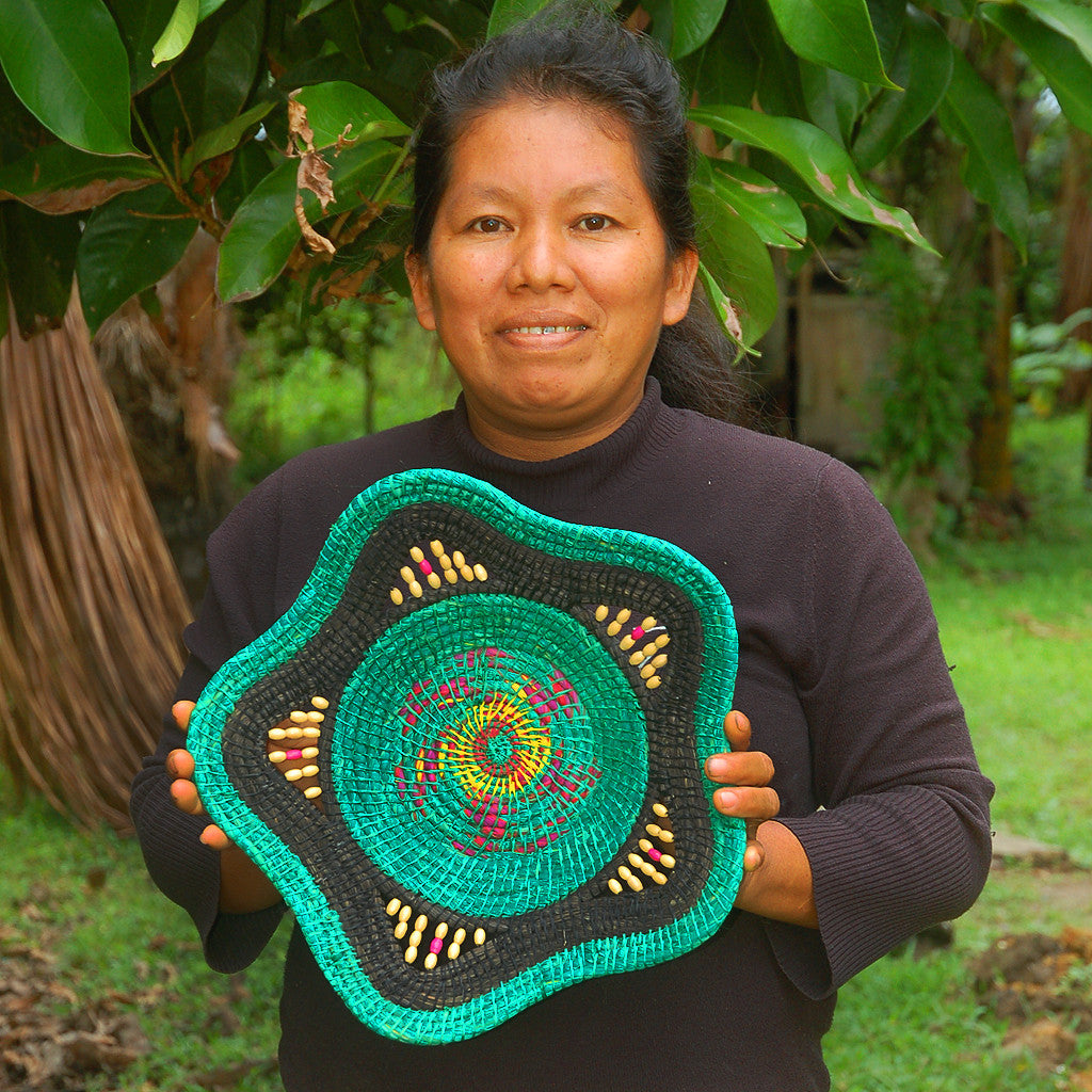 Beautiful Blue and Emerald Handwoven Decorative Basket - Fair Trade - Amazon Ecology