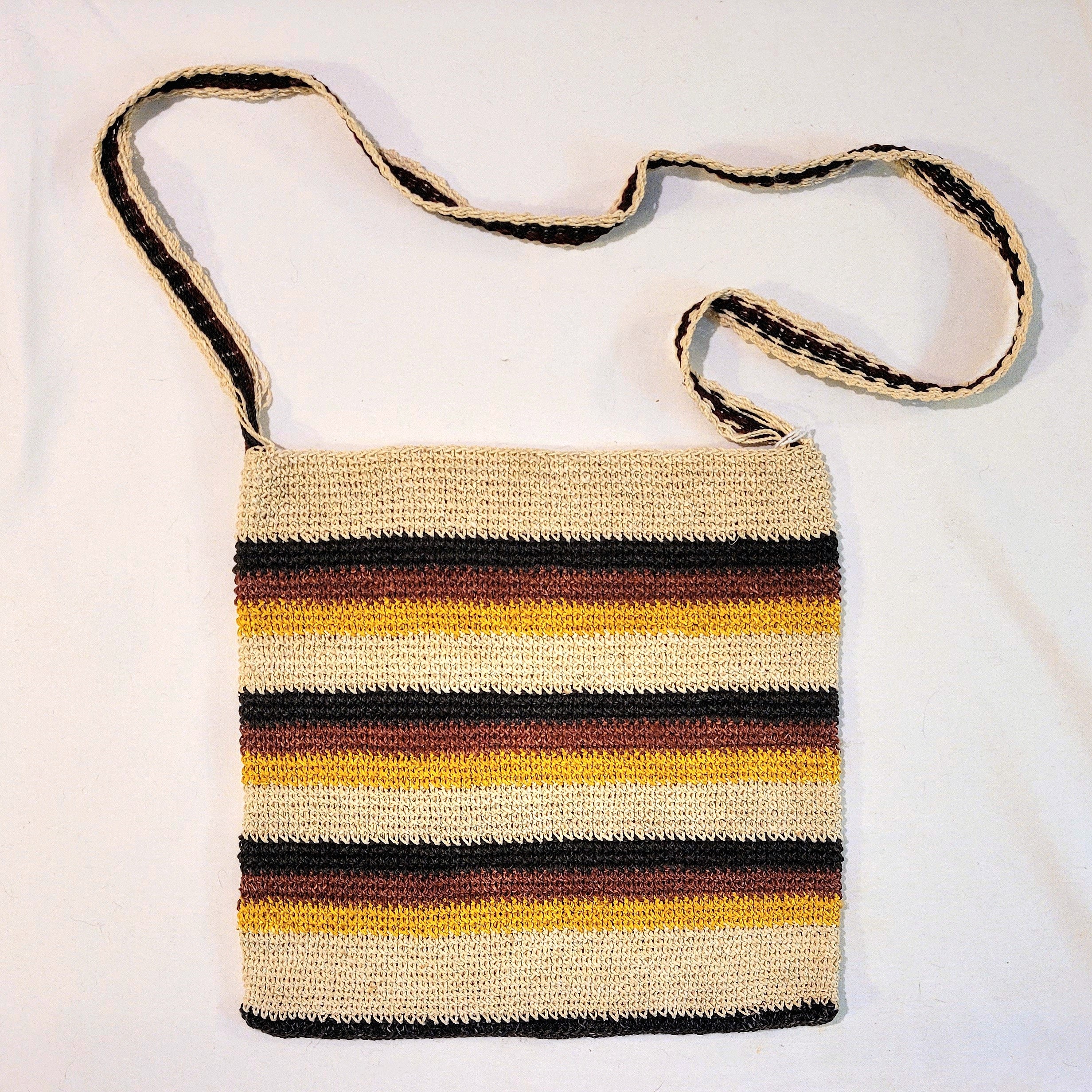 Handmade Chambira Shoulder Bag from Peru with black, yellow and maroon stripes