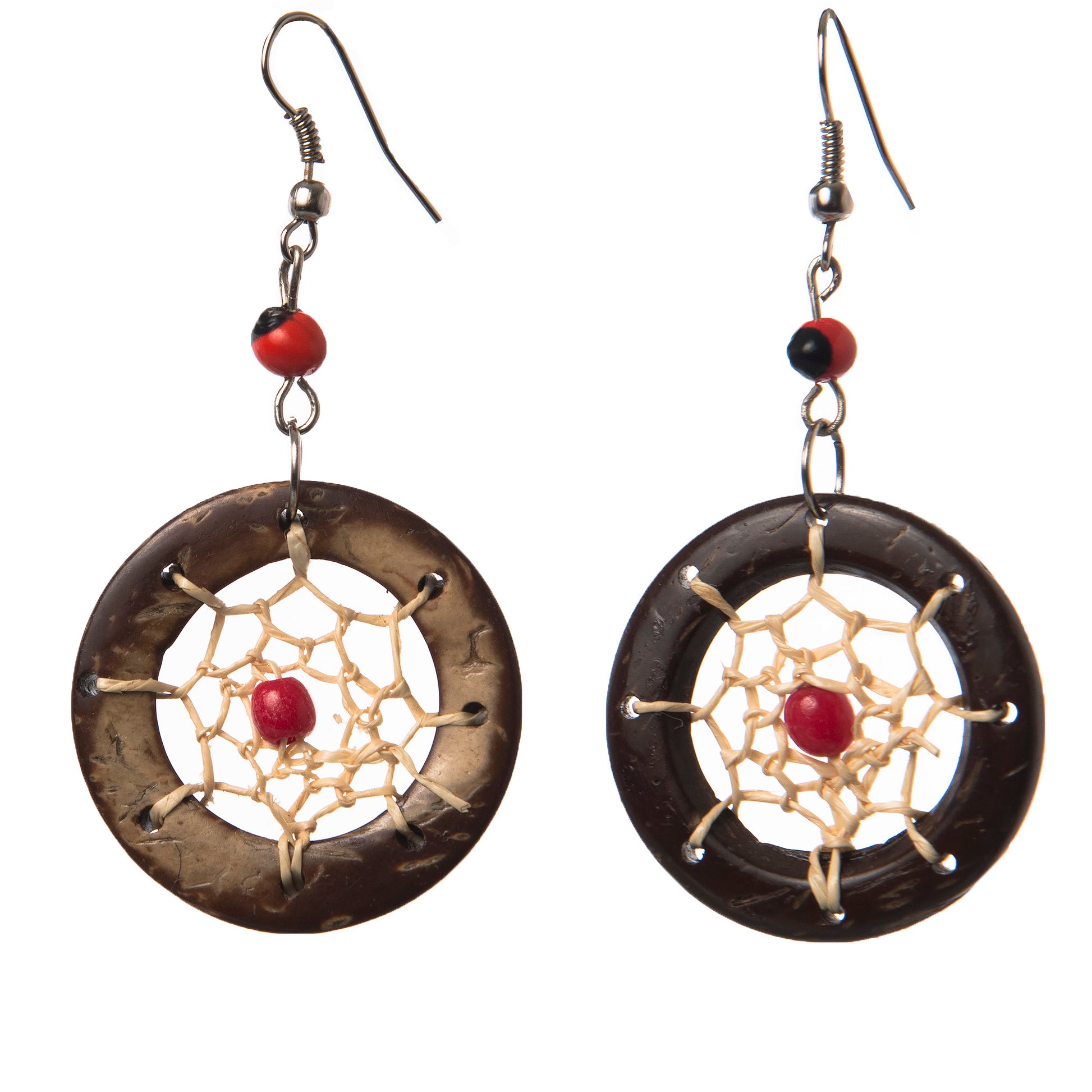 Coconut Shell Spider Web Earrings with Huayruru Beads - Amazon Ecology