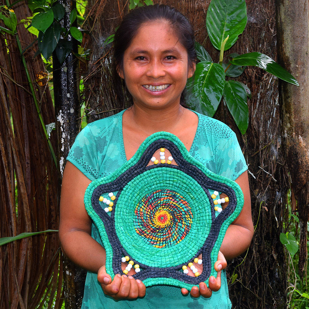 Beautiful Blue and Emerald Handwoven Decorative Basket - Fair Trade - Amazon Ecology