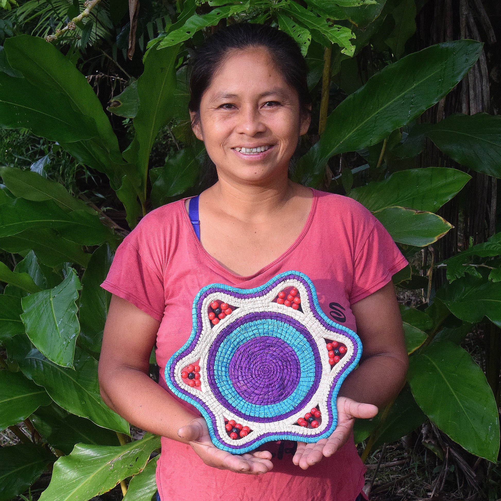 TURQUOISE VIOLET SURPRISE - HANDMADE CHAMBIRA PALM FIBER BASKET - WOVEN BY ARTISAN FROM PERUVIAN AMAZON - Amazon Ecology