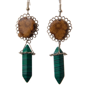 Ayahuasca Vine Earrings in Silver Wire Flowers, with Crystal and Stone Pendants