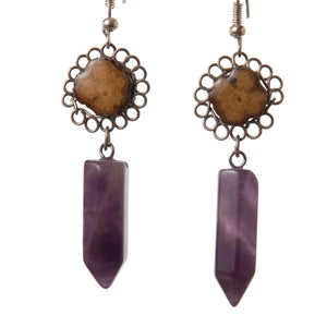 Ayahuasca Vine Earrings in Silver Wire Flowers, with Crystal and Stone Pendants