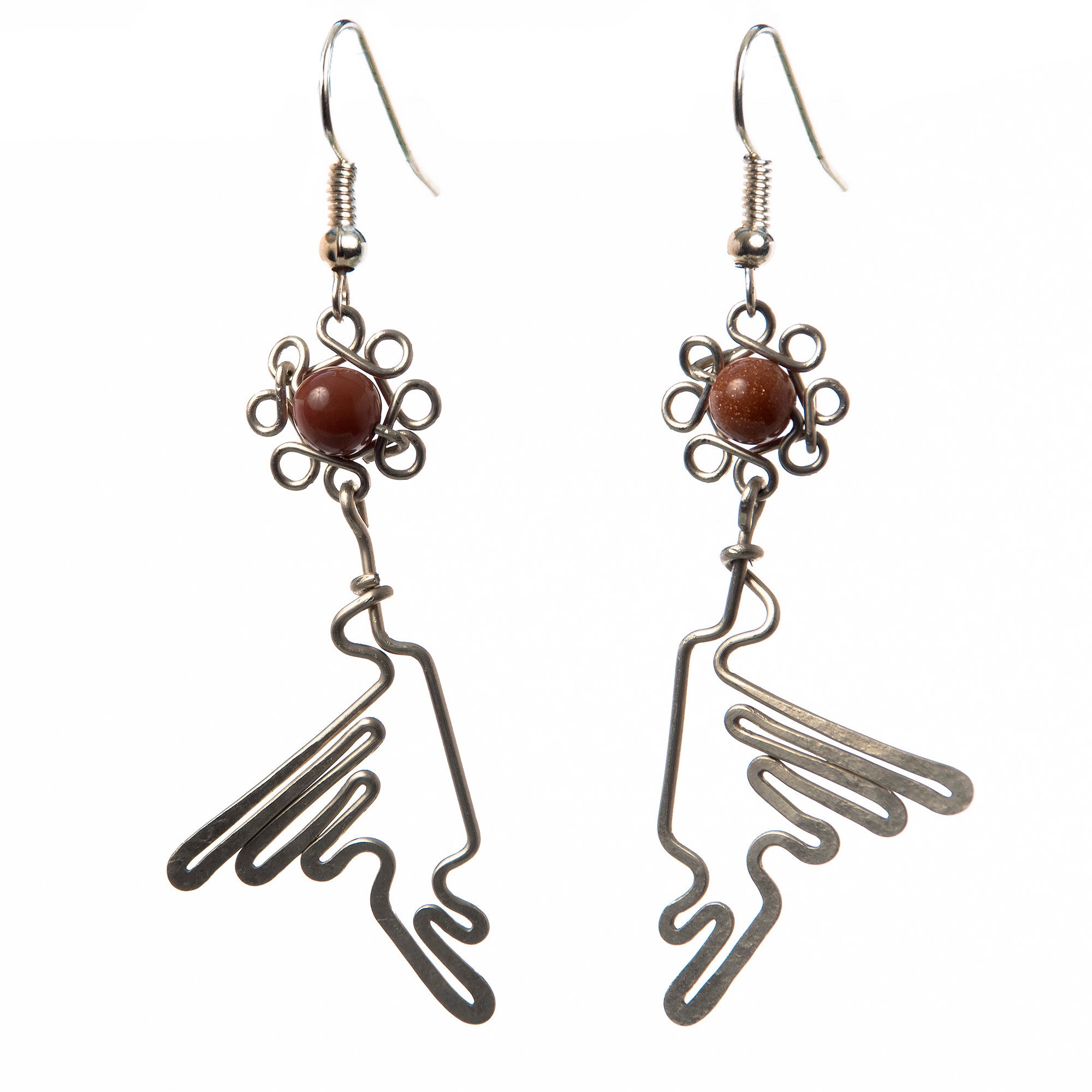 Silver Wire Dove Earrings, with Huayruru & Golden Rain Accents