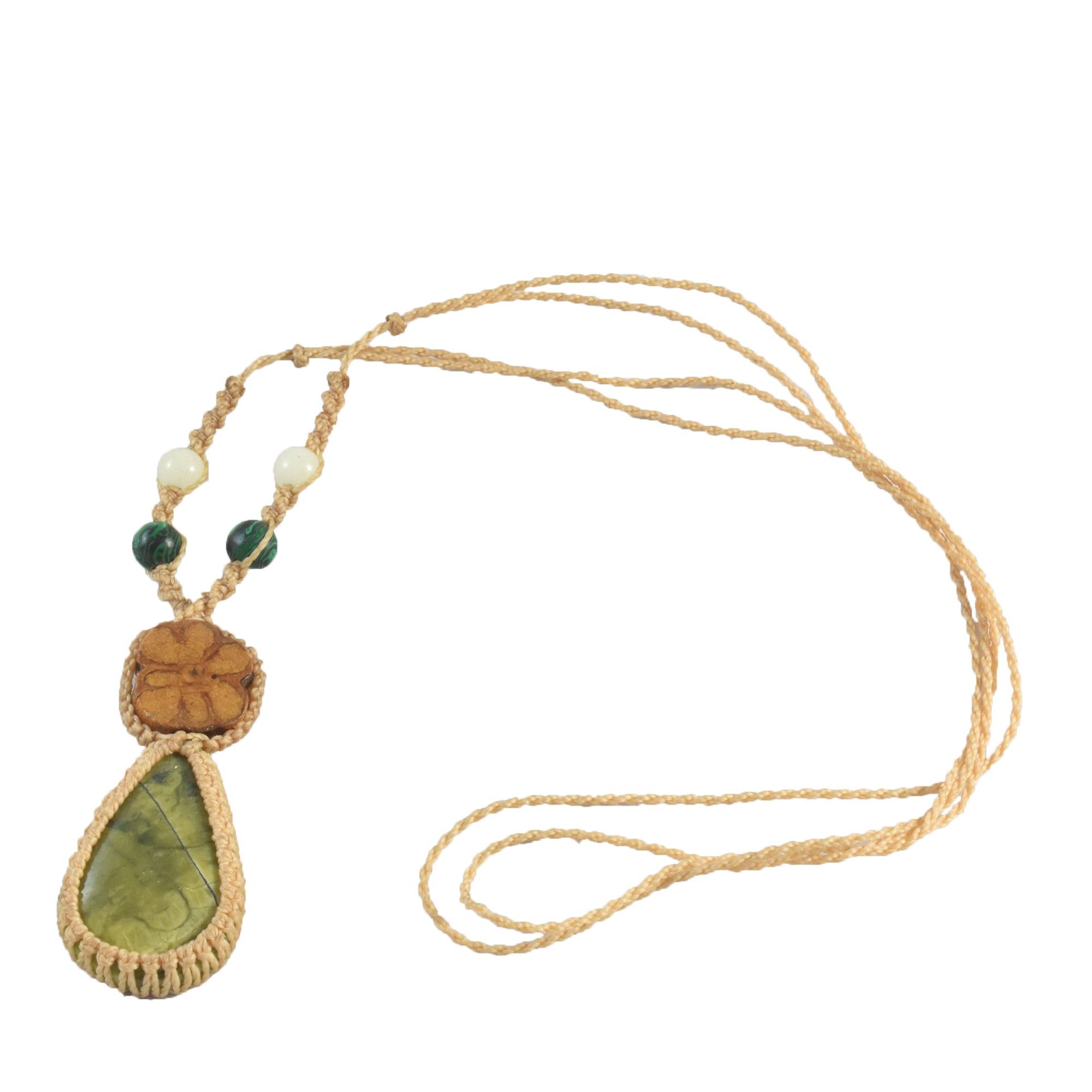 Ayahuasca vine and serpentine stone macrame necklace - Amazon Ecology