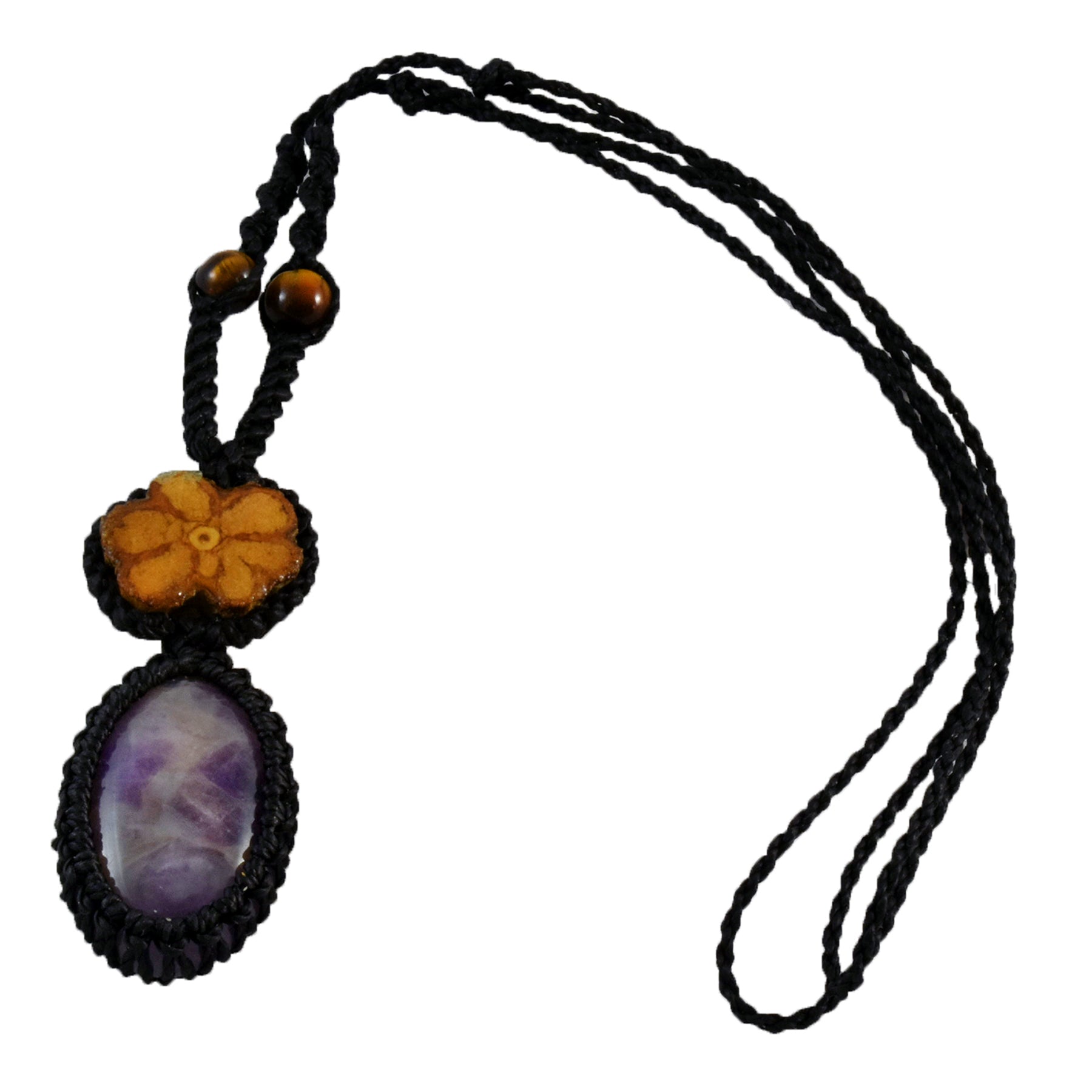 Ayahuasca vine and purple amethyst macrame necklace - Amazon Ecology