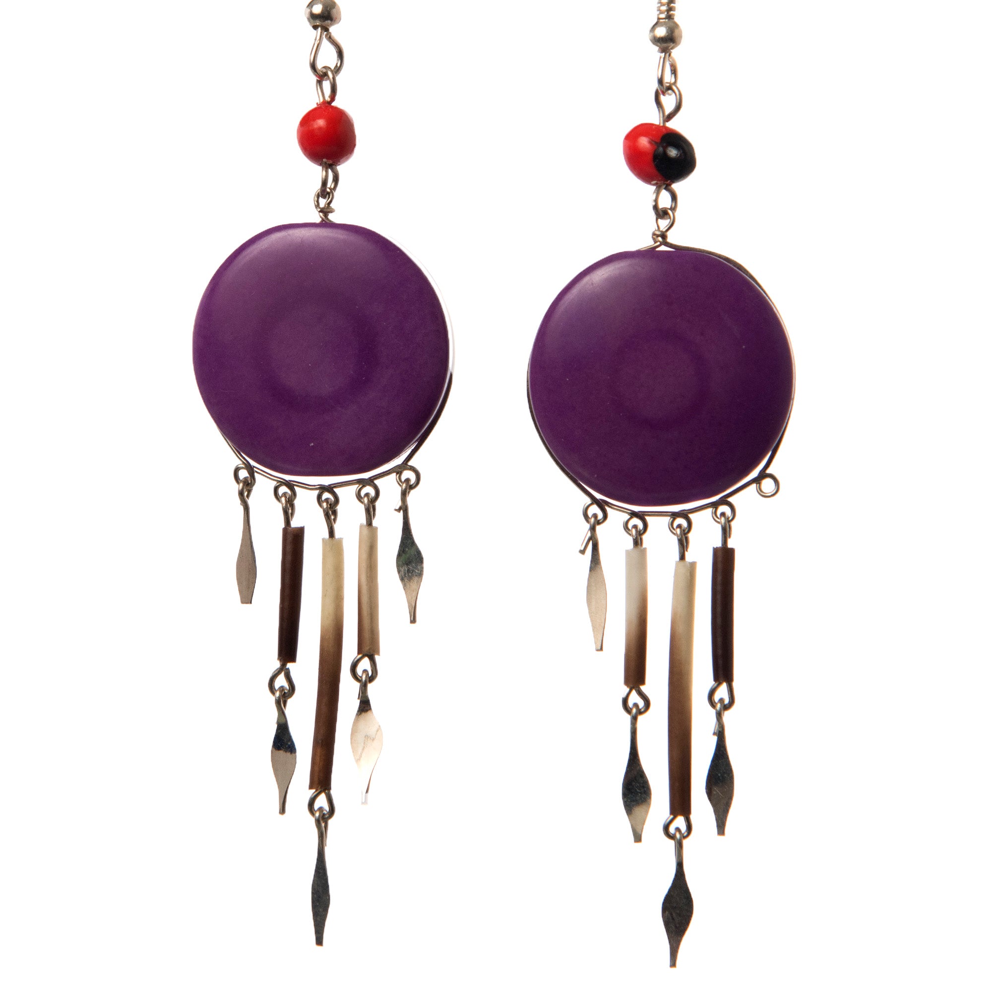 Tagua Palm Nut Disk Earrings with Quill Dangles - made by Peruvian Amazon artisan