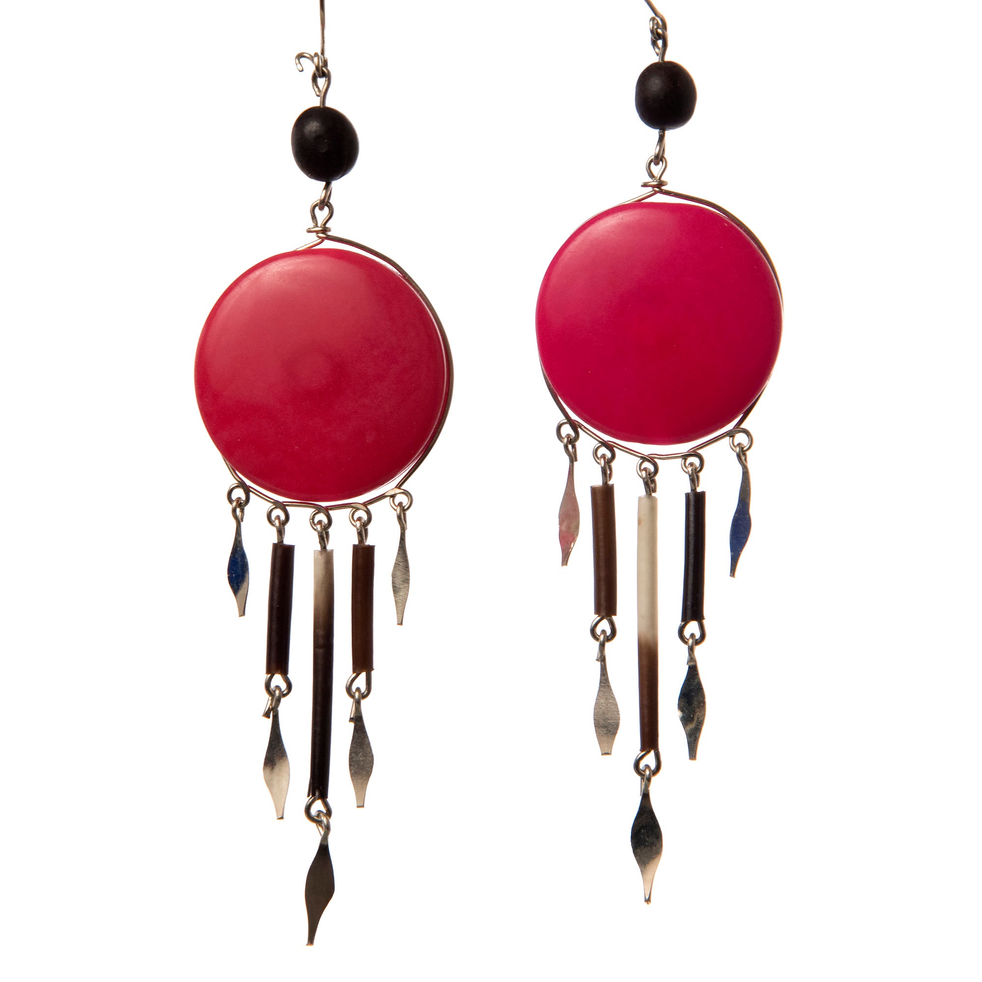 Tagua Palm Nut Disk Earrings with Quill Dangles - made by Peruvian Amazon artisan