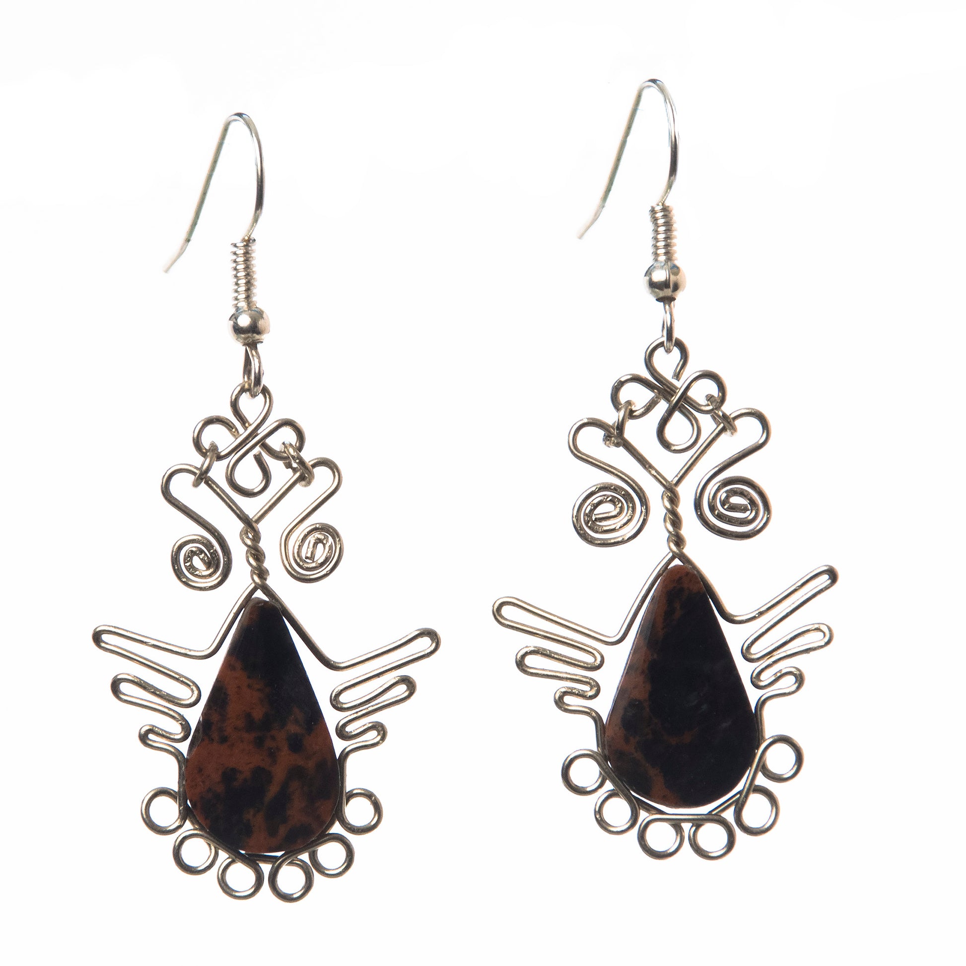 Silver Wire Owl Earrings With Tigrillo Stone and Achira Bead - Amazon Ecology